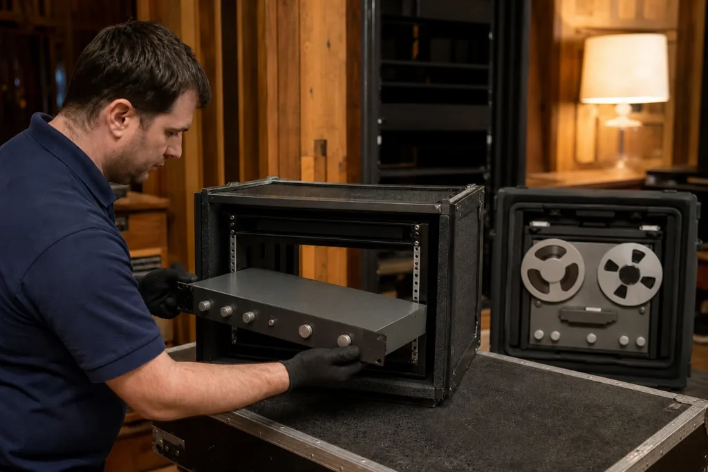 Worker packing vintage studio outboard gear and a tape machine into a foam-lined flight case