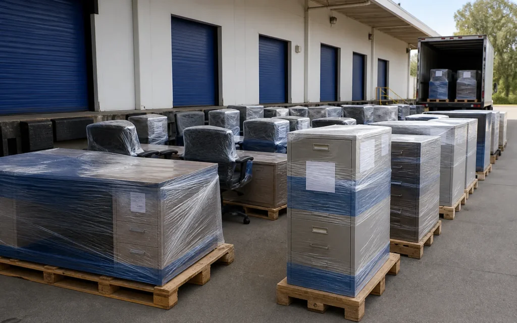 Decommissioned office furniture staged for liquidation pickup at a Nashville commercial building loading dock