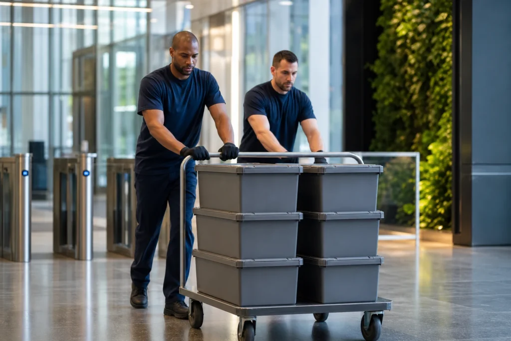 Crew moving sealed document totes through a secure Northern Virginia office lobby