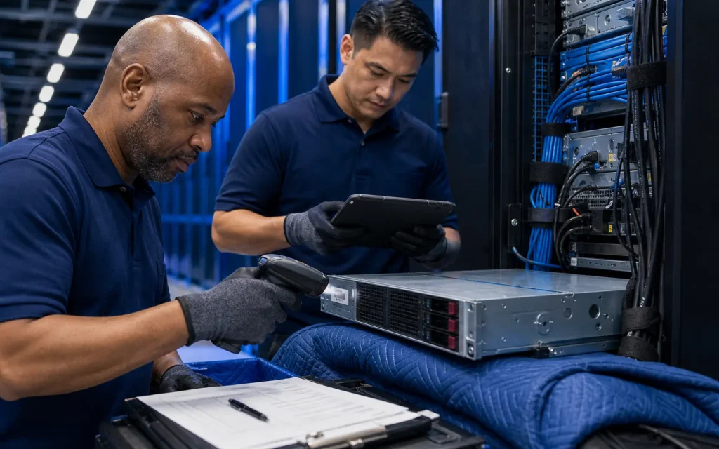 Technicians documenting server equipment during a Northern Virginia data center relocation
