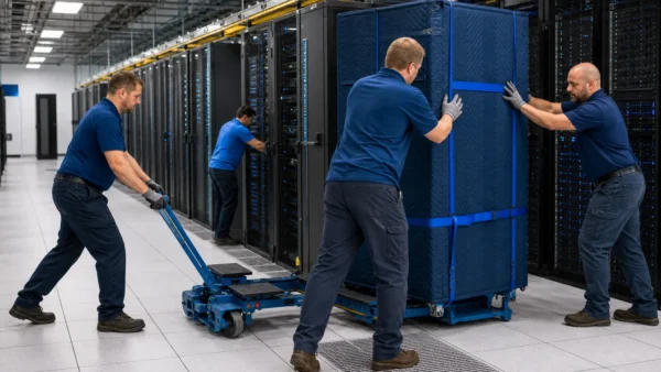 Flood Brothers crew relocating a protected server rack inside an Ashburn data center