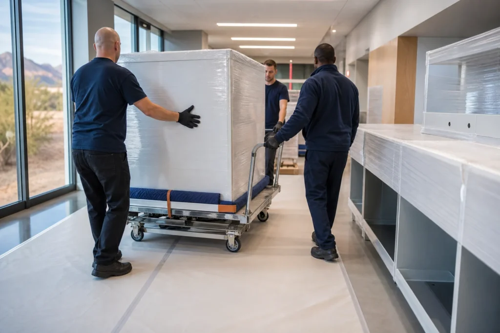 Crew moving wrapped technical equipment through a clean corridor in a Phoenix facility