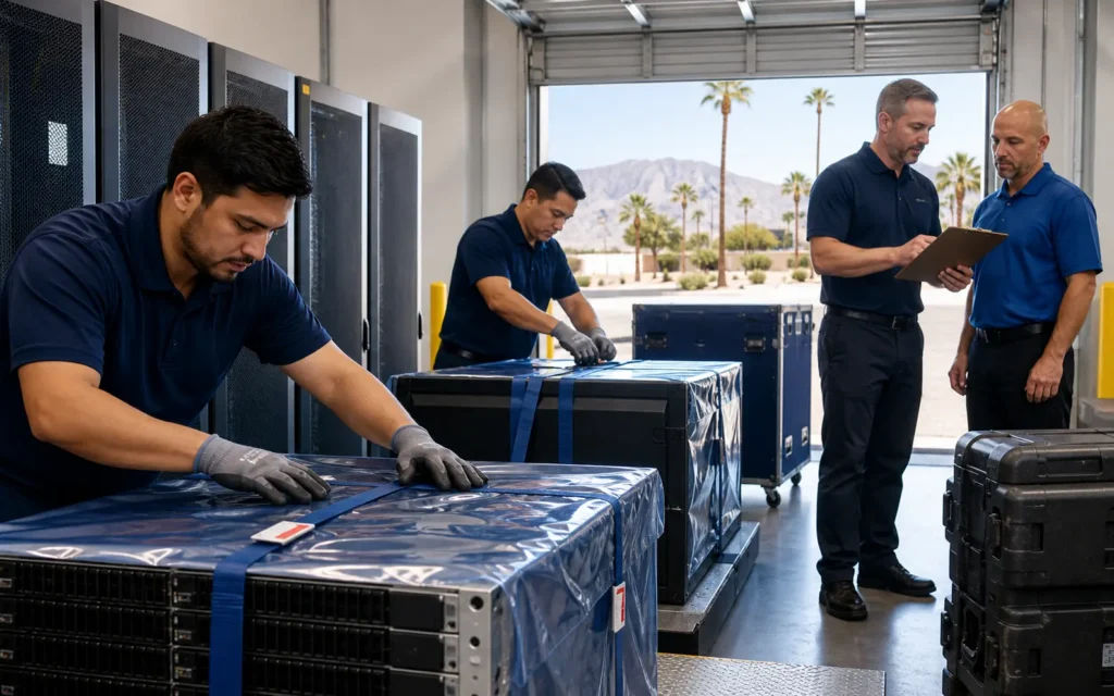 Technicians preparing protected server equipment for climate-controlled transport in Phoenix