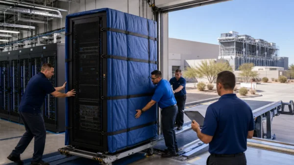 Flood Brothers crew moving a protected server rack at a Phoenix data center