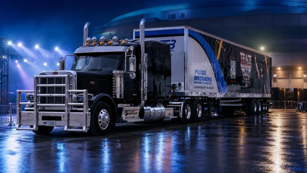 Flood Brothers Trace Adkins tour truck arriving at a concert venue under production lights