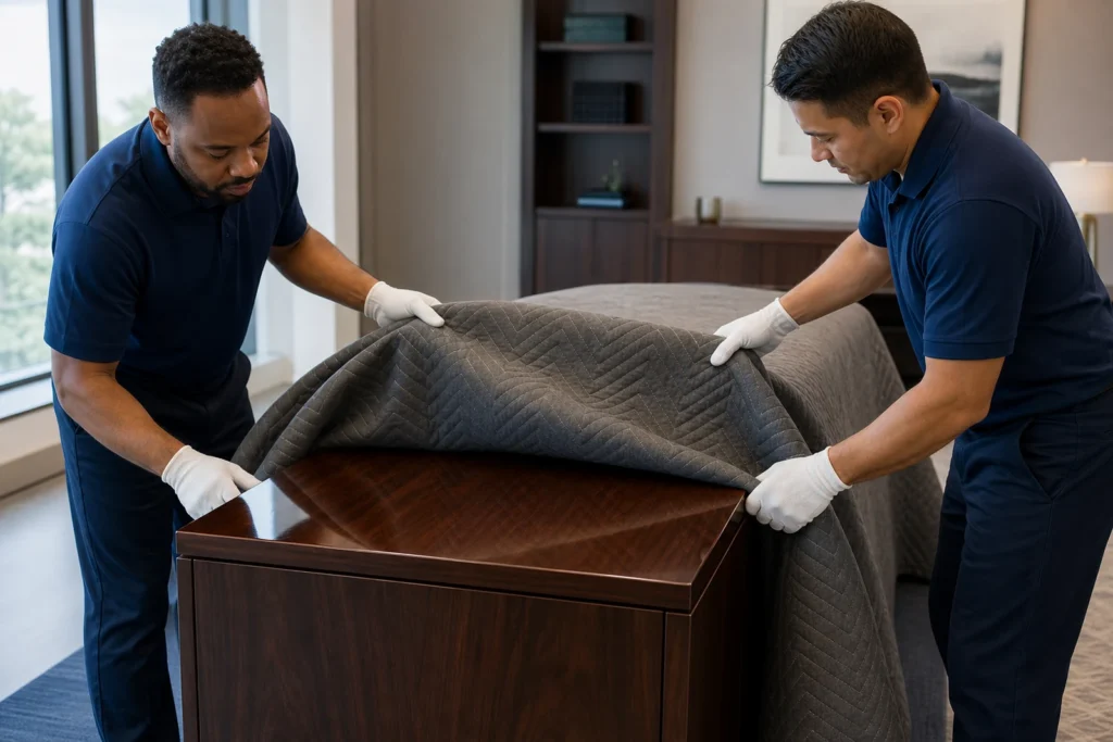 Flood Brothers crew in white gloves easing a moving blanket off a polished walnut executive credenza in a finished private office