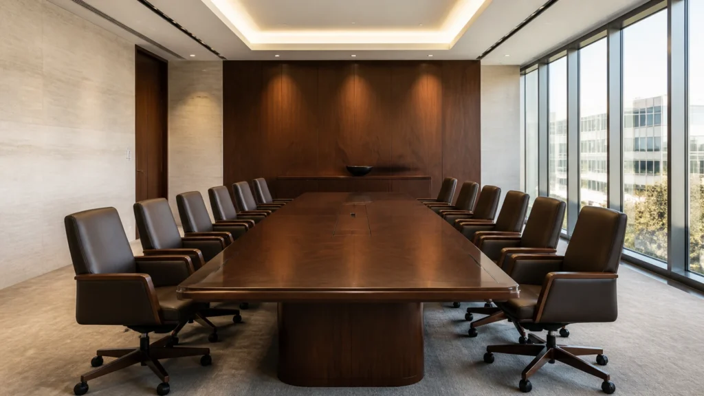 Executive boardroom fully placed after a white-glove installation, conference table and chairs squared and every scrap of packaging removed