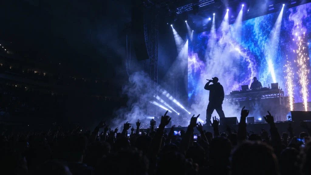 Silhouetted rapper and DJ on an Atlanta arena stage with a glowing LED wall and spark fountains