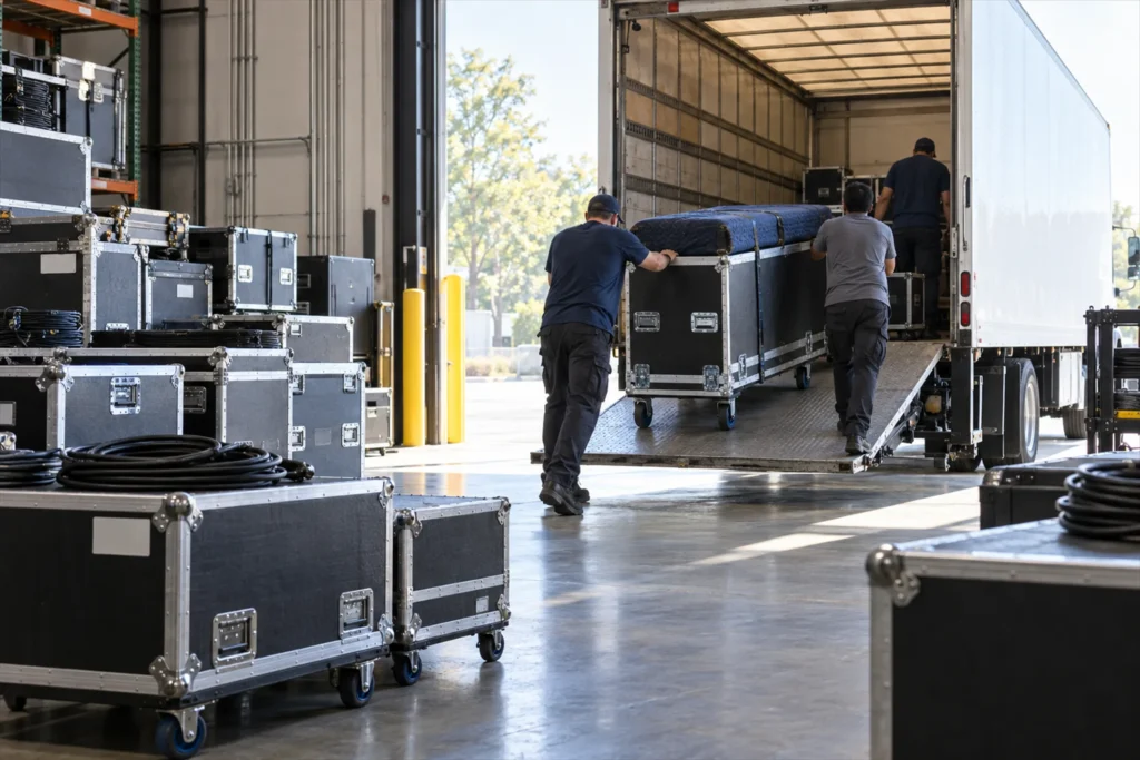Flood Brothers crew loading lighting and video cases onto a truck at the Atlanta warehouse dock