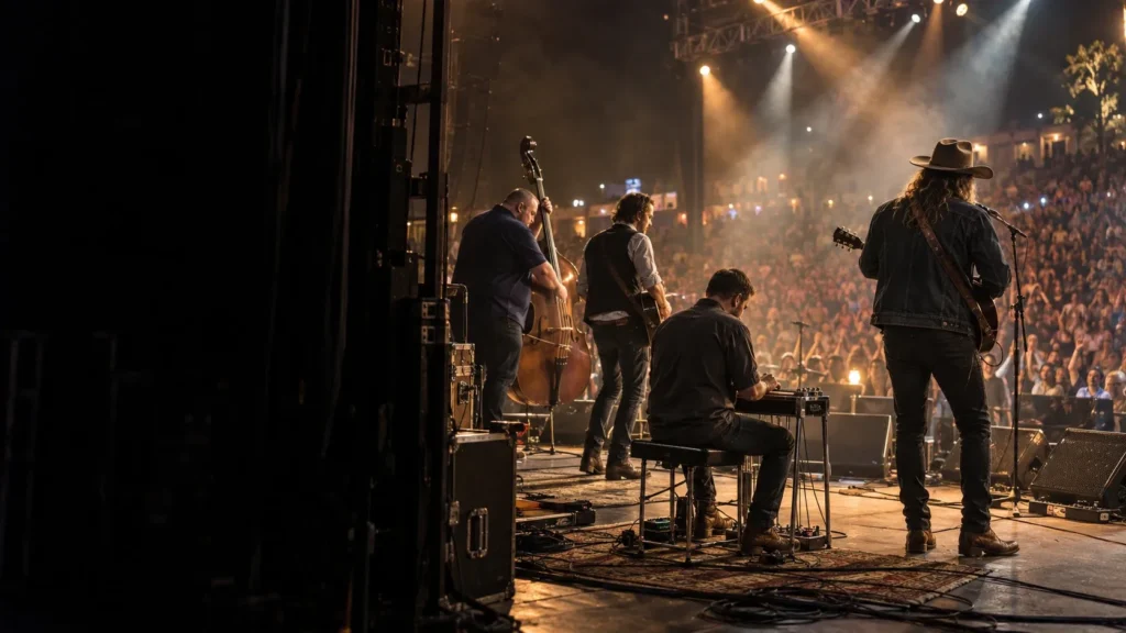 Country band performing to a packed Nashville amphitheater crowd, shot from side stage