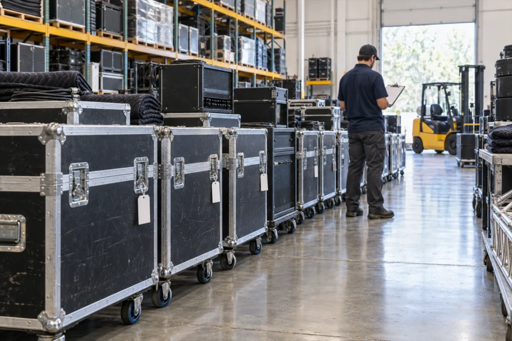 Road cases staged in rows inside the Flood Brothers Nashville warehouse ahead of a tour launch